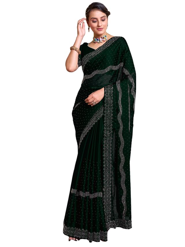 Satrani Women's Georgette Hot Fixing Saree With Unstitched Blouse Piece (3620S104N_Dark Green)