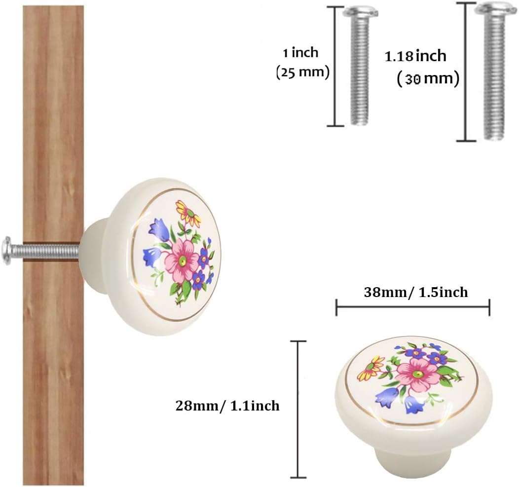 Ceramic Hand Painted Drawer Knobs, [4 Pack] Vintage Flower Painted Cabinet Knobs and Pulls, Kitchen Furniture Knobs for Dresser/Cupboard/Wardrobe/Closet (Flower White, 4 Pieces)