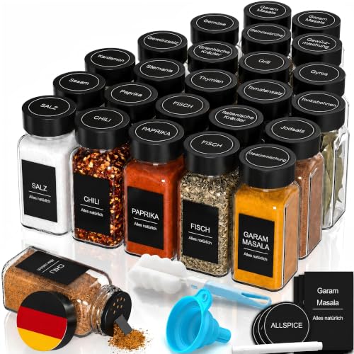 DIFULI Gewürzgläser Set aus 24 eckigen Gewürzdosen (120ml) Ihr kompletter Gewürze Organizer mit Deckel Streueinsatz (Gewürzstreuer) Trichter Sieb & 340 Etiketten | Gewürzbehälter & Spice