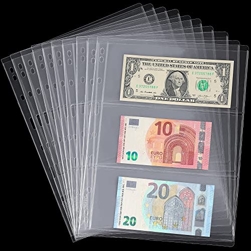 Currency Sleeves For Collectors 12 Sheets Acid-Free Pvc Paper Money Currency Pocket Pages Coin Collection Supplies - 36 Pockets 9-Hole Stamp Page Holders For 9-Hole Binder (3 Pocket/Sheet）In0101 #TOP2