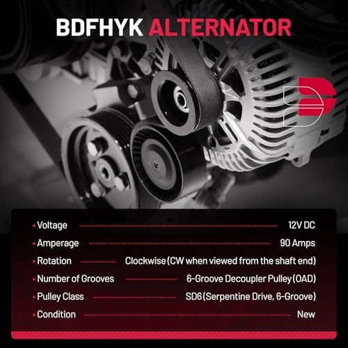 Image of BDFHYK Alternator 11608 Compatible with Kia Soul 2012 2013 1.6L L4 Hatchback 4-Door 12V 90Amp CW 6-Groove Pulley, Replace 11608N, 11608, 37300-2B150, 37300-2B150R, 2613746 | 12V 90A 6-Groove Decoupler Pulley (OAD) Clockwise, Replaces OE# 11608N, 37300-2B150, 37300-2B150R, 2613746