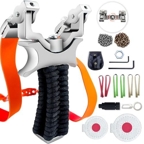 Feeoc Profi Zwille Steinschleuder Set für Outdoor Training: 360° drehbarer Bogenkopf – Ergonomischer Griff mit Handschlaufe – inkl. 6 Gummibänder 200 Trainingskugeln (Schwarz)