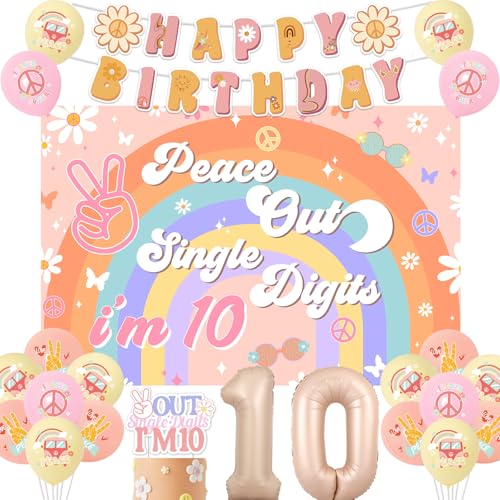 Peace Out Single Digits Party Decoration Girl Groovy 10th Birthday Decorations Boho Happy Birthday Banner Peace Out Single Digits Im 10 Backdrop Cake Topper Number 10 foil balloon for 10th Birthday