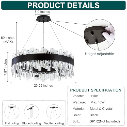 Image of AioTio Modern Crystal Chandelier, D23.6'' Black Round Farmhouse Industrial Hanging Chandelier, K9 Crystal Raindrop Adjustable Chandeliers for Dining Room,Bedroom, Kitchen Island,Living Room,Foyer