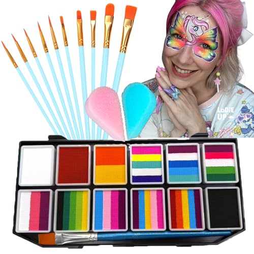 Image of Face Painting Kit , 42 Colors Professional Face Paint Makeup Kit Non-Toxic Water Activated Facepaint Palette with Brush, Stencil, Sponge, Gem, for Party Halloween