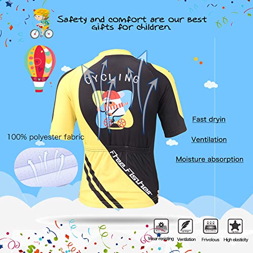 FREE FISHER Cycling Jersey Kids,Short Sleeve Cartoon Road Mountain Bike Jersey Set/Top/Short for Girls Boys Breathable,Jersey Set Yellow,6-7 Years