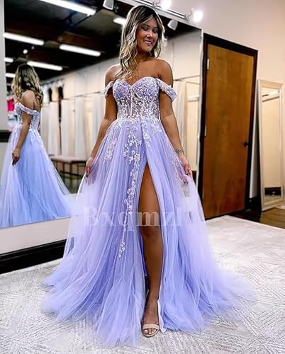 Women's Tulle Prom Dresses Lace Appliques Long Ball Gowns Strapless High Split Evening Dresses 20254