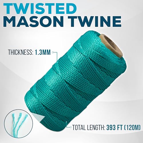 Image of Mason Line String 1.3mm Thick Twisted Polypropylene - Durable Construction Twine for Laying Bricks, Blocks, Fences in Gardening, DIY & Landscaping Projects (Green, 393 Ft)