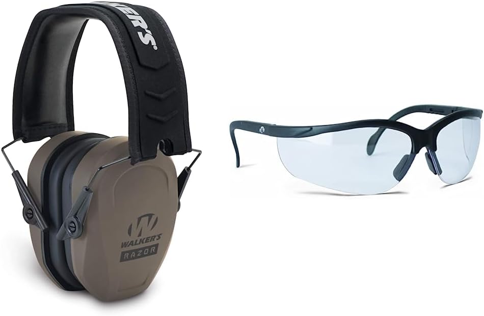 Razor Slim Passive Earmuff - Ultra Low-Profile Earcups - Flat Dark Earth & Sport High-Grade Polycarbonate Lenses Half Frame Soft Rubber Nose Piece Adjustable Safety Shooting Glasses, Clear