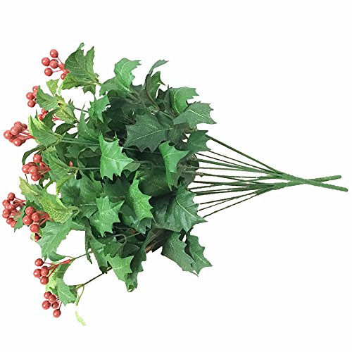 Htmeing 2Pcs Artificial Bushes Holly Spray Berries Cedar Leaf Stems Christmas Flowers Leaves Home Party Decoration (Green) #TOP1