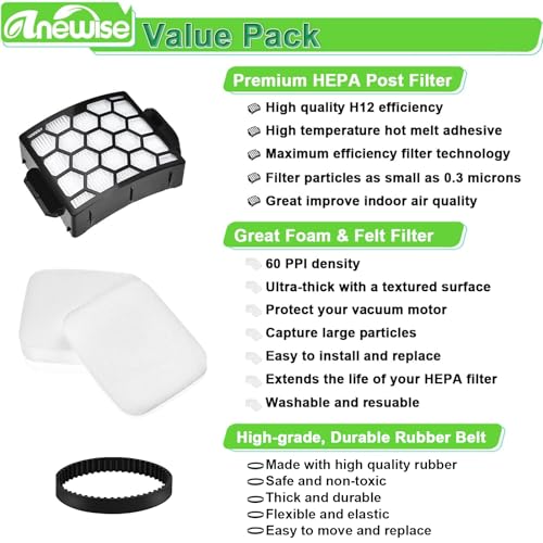 Image of Anewise Filter Brush Belt Replacement Parts for Shark UV850 Performance Lift-Away ADV DuoClean PowerFins Upright Vacuum, 1 Brush Roll+2 HEPA +4 Filters+2 Belts, Part #1483FC2000 & XHF320 & XFFK602UKT