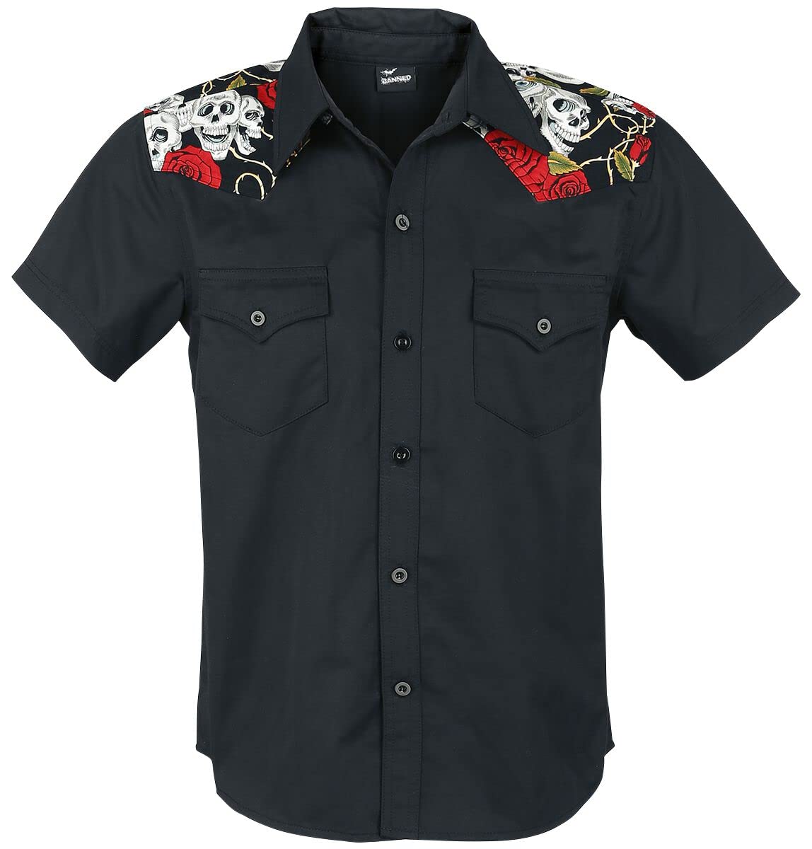 Banned Alternative Skull Rose Hombre Camisa Manga Corta Negro 60% poliéster, 40% algodón Regular