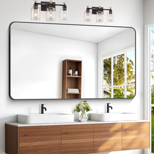 BONEWEI 60x36 inch Large Bathroom Mirror Black Rectangle Mirror Wall Mounted Bathroom Frame Vanity Mirror with Round Corner for Bedroom Living Room Entryway Hangs Horizontal or Vertical