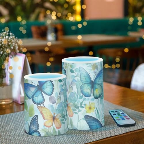 Image of Lights Flameless Candles Butterfly Floral Pillar Candles Set of 2 Battery Operated Remote Control Warm Lights Home Decor