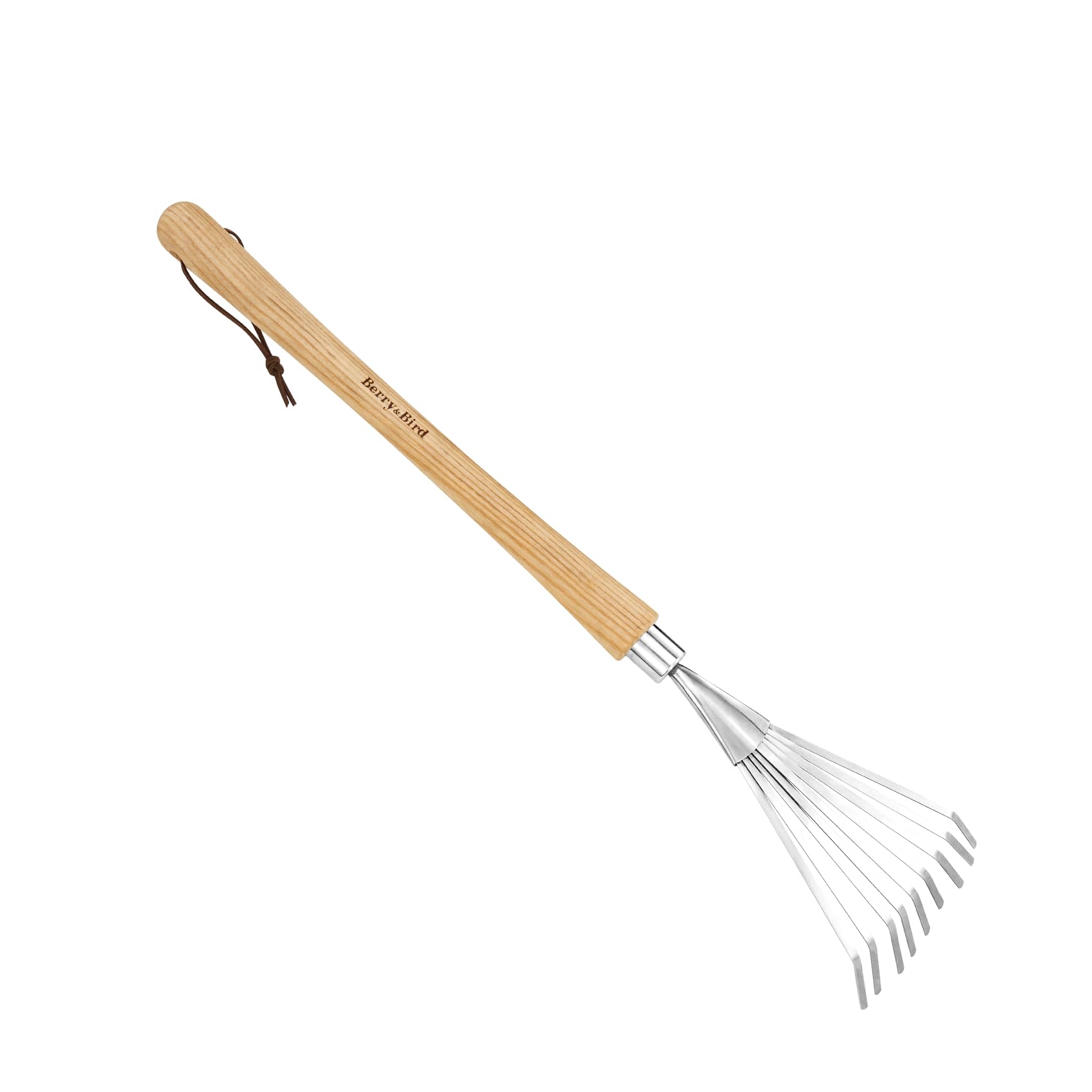 Berry&Bird Stainless Steel Mid-Handle Shrub Rakes– 9-Tine Fan Leaf Rake with Ergonomic Wooden Handle & Leather Hanging Strap, Garden Hand Rake for Leaves, Grass, Debris
