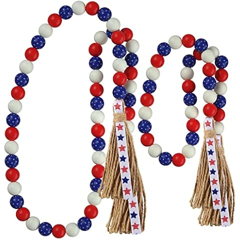 Patriotic Wood Bead Garland,YuanDe 2pcs 4th of July American Wooden Beads String Jute Rope Tassel,Farmhouse Rustic Hanging Bead Garland for Memorial Independence Day Vase Tiered Tray Wall Decor Gift Cover
