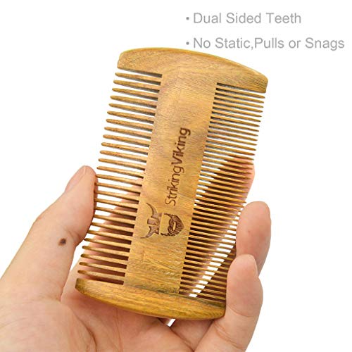 Striking Viking Wooden Beard Comb & Brown Carry Case - Natural Sandalwood Beard and Mustache Comb with Fine & Coarse Teeth - Anti-Static Pocket Comb for Everyday Carry- Perfect for Use with Balms and Oils