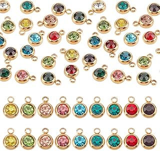 UNICRAFTALE 24Pcs 12 Colors Rhinestone Charms Flat Round Real 18K Gold Plated Birthstone Charms With Vacuum Plating 303 Stainless Steel Finding, 1.5mm Hole Dangle Charms Jewelry Making Charms