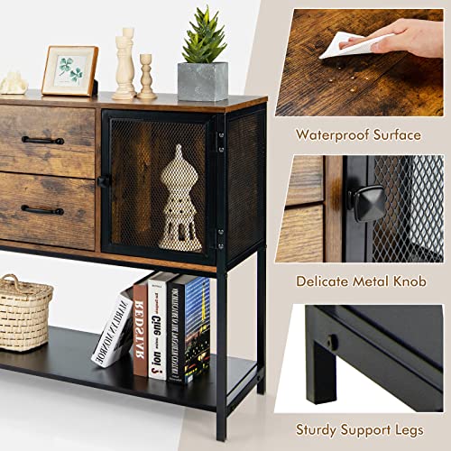 Petsite Sideboard Buffet With Storage Cabinet, Industrial Coffee Bar Console Table Credenza With Mesh Doors, Drawers & Shelf For Kitchen Entryway, Rustic Brown #TOP5