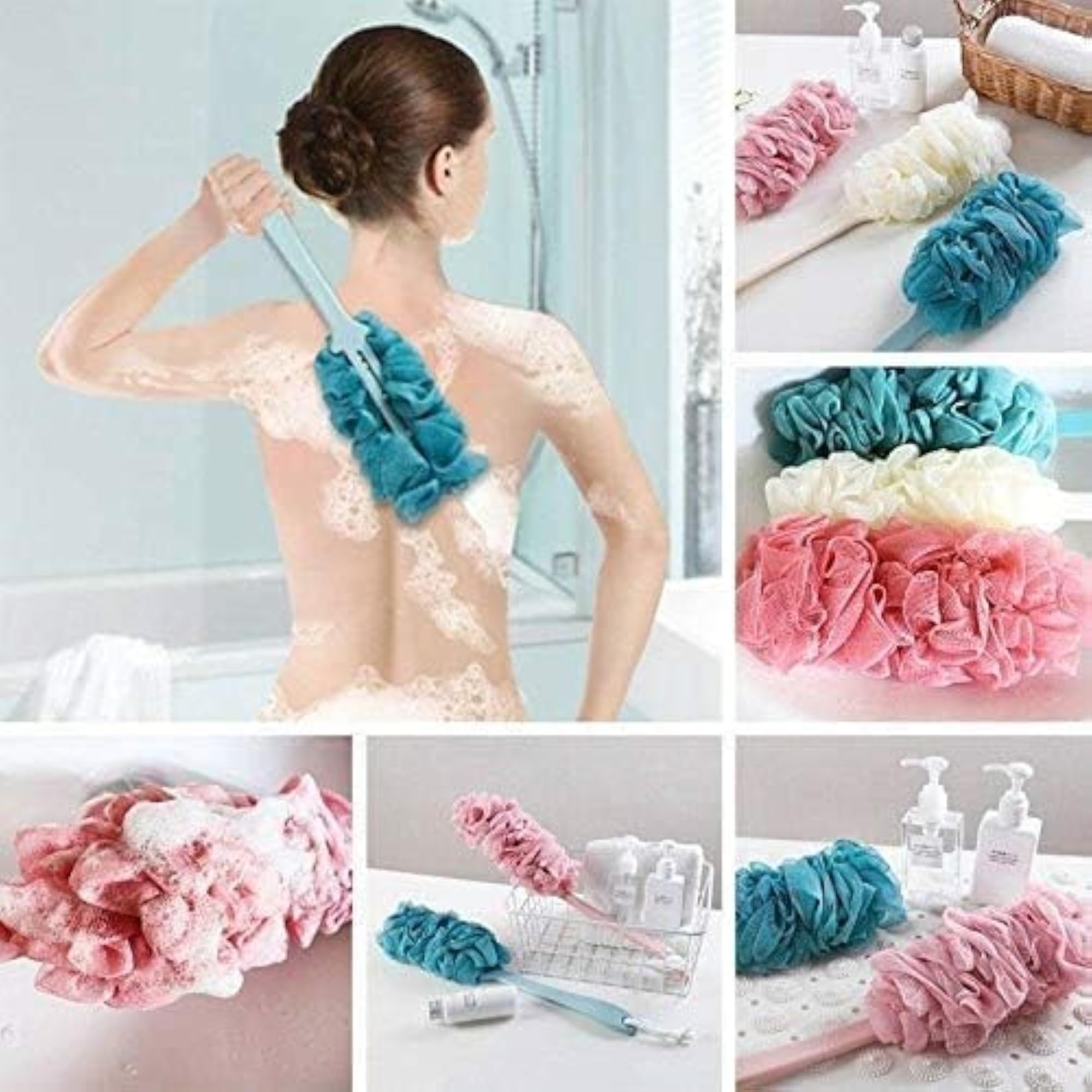 Loofah Sponge with Long Handle for Bathing, Pink