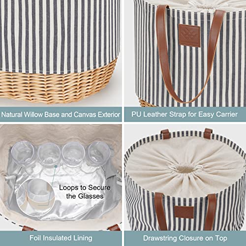 Picnic Basket Set for 4 with Removable Dinner Kit Pouch, 4 Each Flatware Plates Wine Glasses, Roomy Insulated Picnic Beach Tote Bag with Unique Wicker Base, Ideal Gift for Women Mom Girlfriend