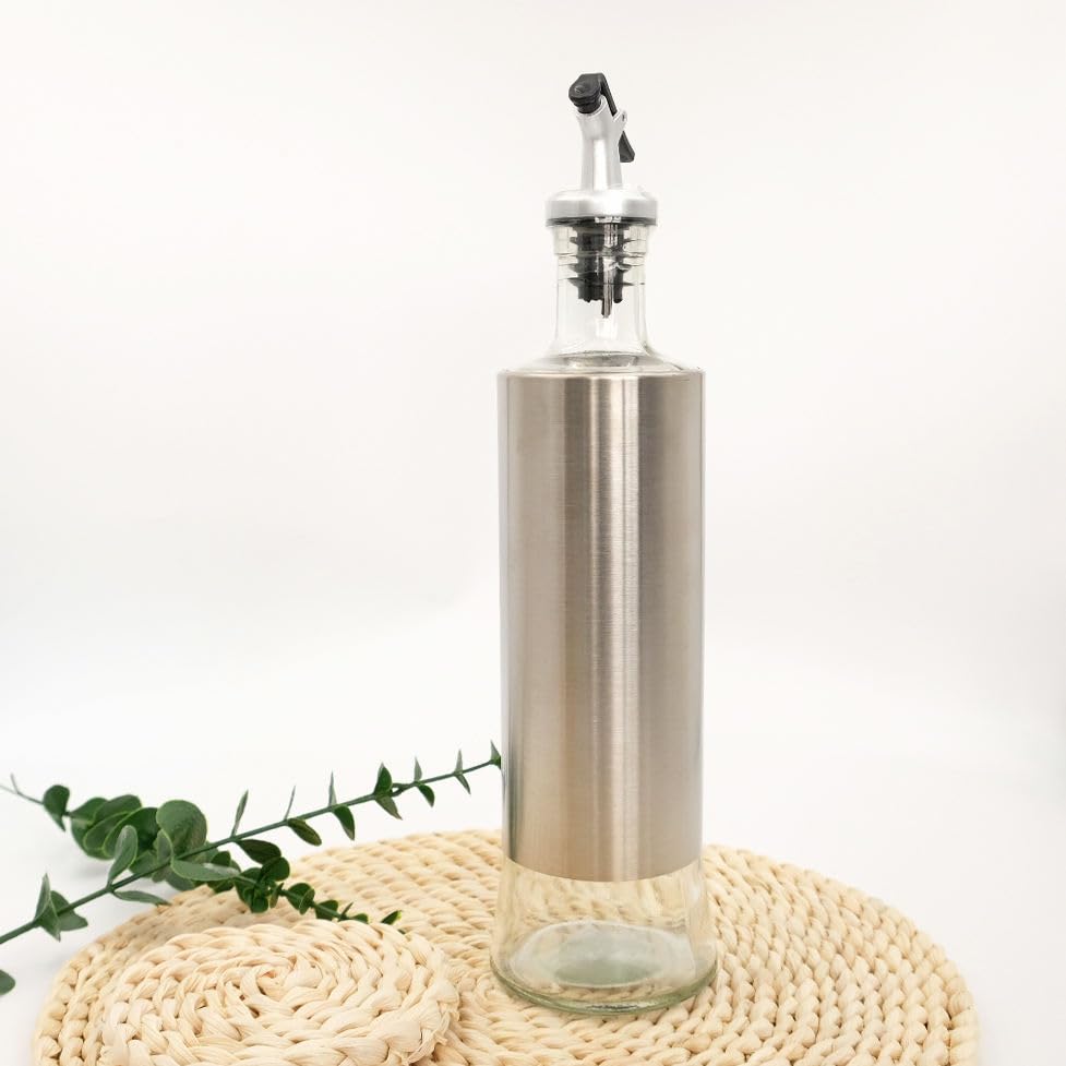 Image of HomeWiz Glass Oil Dispenser for Kitchen 500ml - Stainless Steel Sleeve Bottle with Anti-Drip Spout & Flip Lever | Leak-Proof Pourer for Cooking Oil, Olive, Mustard, Vinegar & Soy Sauce | Round