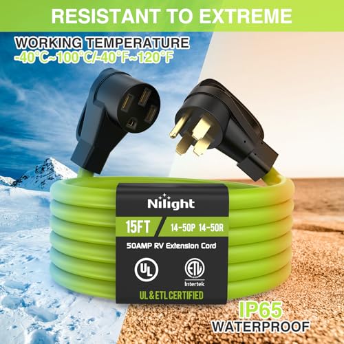 Image of Nilight 15FT 50 Amp RV Extension Cord 250V Heavy Duty 6 /3+8 /1 Gauge Pure Copper STW Wire UL ETL Listed 4 Prong 14-50P 14-50R Weatherproof Suit for EV Trailer Campers Bright Green
