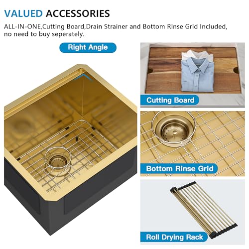 Image of 21 inchx18 inch Undermount Laundry Utility Sink Workstation - Brushed Gold NANO-PVD, 16 Gauge 304 Stainless Steel, 12 Inch Deep Single Bowl Sink Basin for Laundry Room, RV or Utility Use