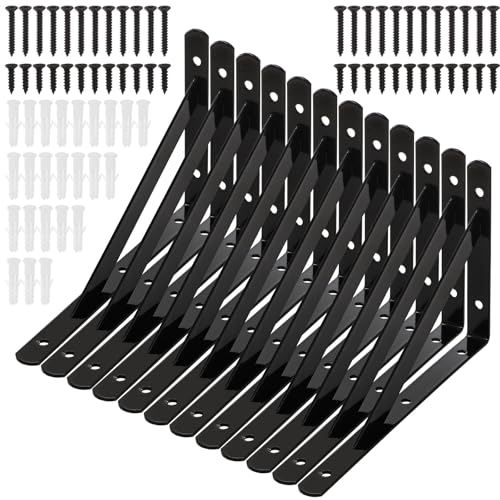Hiceeden 12 Pack Heavy Duty Shelf Brackets, 8 in x 5 in Wall Mount Steel L Shelf Bracket, Angle Brackets for Floating Shelves, Black Metal Powder-Coated