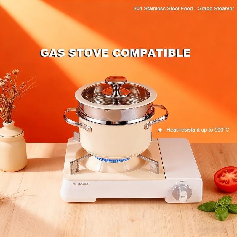 Nonstick Ceramic Cookware, 304 Stainless Steel Stockpot With Steamer Insert, Space-saving Kitchenware For Small Kitchens, Compatible With All Stoves, Dishwasher Safe