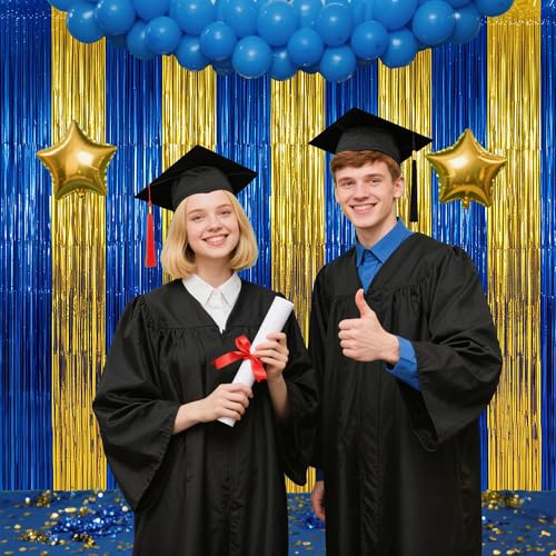 Image of TONIFUL Blue and Gold Fringe Backdrop Curtain 2026 Graduation Party 2Pcs 3.3 x 6.6ft Metallic Tinsel Foil Fringe Photo Booth Backdrop Door Streamers for 2026 Prom Birthday Retirement Party Decorations