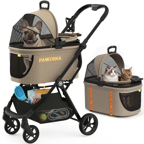 PAWZIDEA Pet Stroller 4 in 1, Foldable Dog Stroller with Detachable Carrier for Small Medium Dogs & Cats, Escape-Proof No-Zip Canopy, Lightweight Portable Travel Crate & Car Seat Combo, Stor