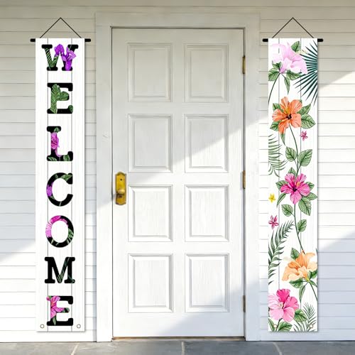 Image of Nuxovilar Front Door Porch Sign Entrance Banner Set 12x71in Polyester | Entrance Decor Hanging Poster Summer Wall Tapestry Garden Porch Outdoor Area (Tropical Welcome)