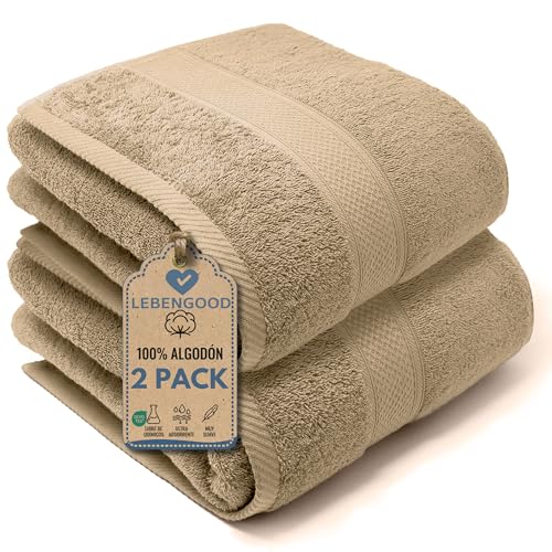 LEBENGOOD Juego de Toallas Baño Grandes 100% Algodón Premium 550gsm 2 Toallas Ducha (90x170 cm) Suaves Absorbentes y Resistentes Set de Toallas Extra Grandes para Baño y SPA (2 90X170 Arena)