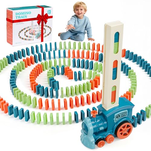 JGLXF Kids Games Domino Train Toys, 200PCS Automatic Stacking Creative Game 3+ Year Old - Stem Montessori Toy for Boys 4-6 - Christmas Birthday Gifts Blue