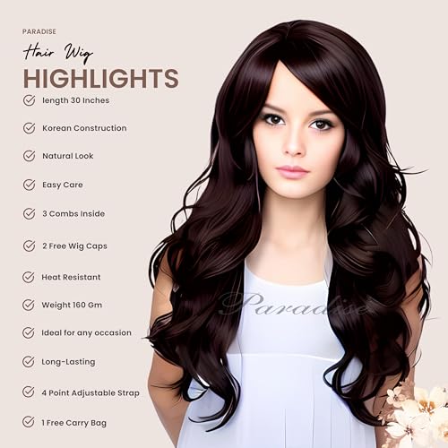 Image of Paradise Hair Wig for Women Long Brown With Burgundy Highlights Wig for Women 28'' Long Straight Brown Hair Wig Natural Cute Wigs for Daily Party Halloween (Includes 2 Wig Cap And 1 Carry Pouch) (Dark Brown)