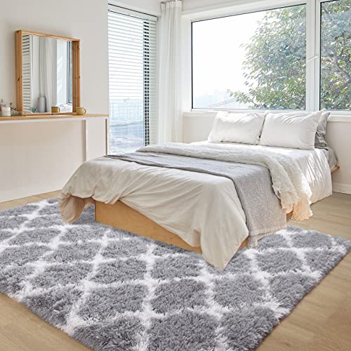 Merelax Fluffy Rug Modern Indoor Plush Bedroom Rug, Luxury Fuzzy Living Room Area Rug, Soft Geometric Moroccan Carpets For Boys Girls Kids Nursery Room 5X8, Grey #TOP1