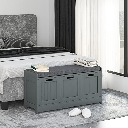JEROAL Storage Bench, Shoe Bench with Storage, Modern Entryway Bench with 3 Cabinets, Storage Shoe Bench with Padded Cushion, Bedroom Bench Seat, Grey
