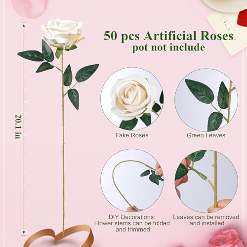 Image of 50 PCS Champagne Roses Artificial Flowers, Fake Roses with Stem Realistic Silk Rose for DIY Wedding Bouquets Table Centerpieces Arrangements Baby Shower Birthday Home Decor Valentines Day Gift for Her