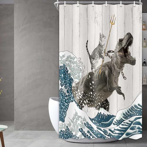 Image of Boziqr Funny Cat Shower Stall Curtain, Cool Cat Dinosaur Japanese Ocean Wave Decor Fabric Bathroom Curtains, Kids Children Rustic Wooden Farmhouse Shower Curtain, 36 X 70 Inches