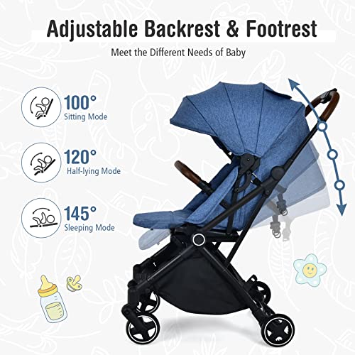 DREAMADE Kinderwagen Zusammenklappbar, Kinderbuggy mit Verstellbarem Sitz, Buggy mit Sonnen- und Regenverdeck, Sportwagen für Babys & Kinder ab Geburt bis 15KG (Blau)