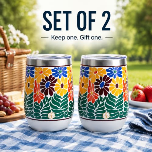 Image of Biddlebee 12 oz Insulated Stemless Wine Tumblers with Lids, Set of 2 | Stainless steel, keeps drinks hot or cold for hours; unbreakable outdoor and travel wine glasses; gift for women