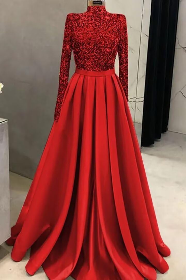 High Neck Mermaid Prom Dresses 2024 Long Sleeves Sequin A-Line Satin Split Formal Evening Party Gowns with Train - Image 2
