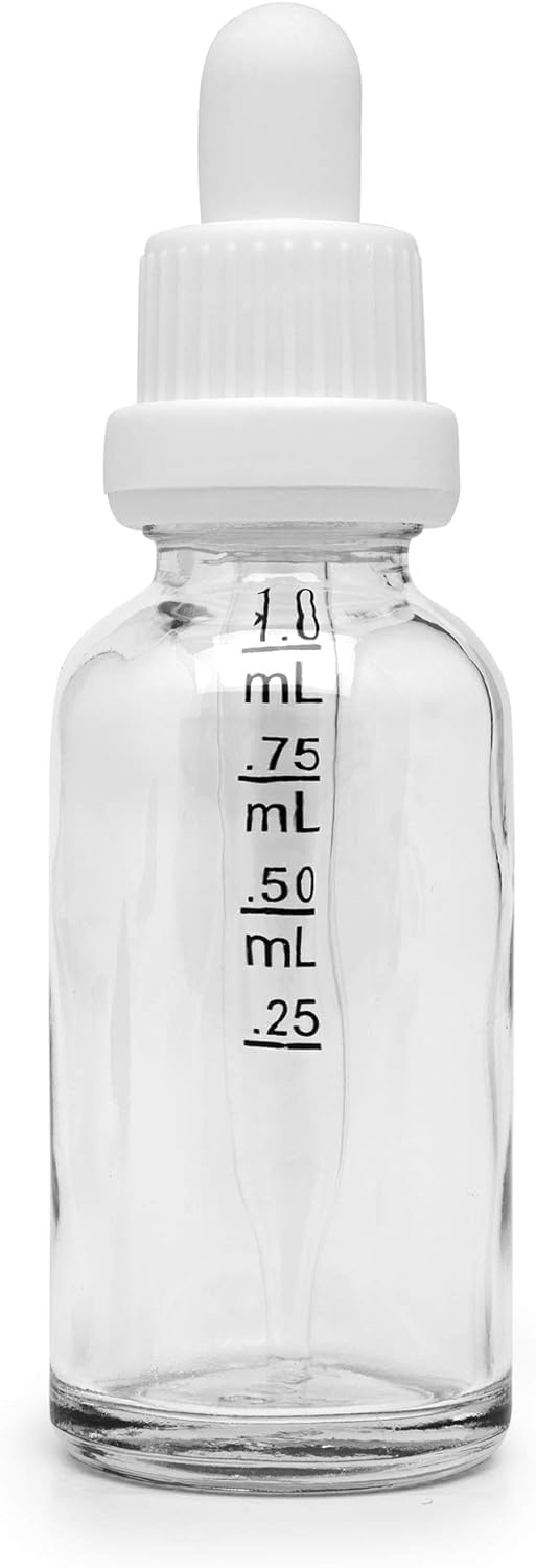 Botellas cuentagotas de vidrio de 30 ml con medidas y tapa a prueba de manipulaciones, botella transparente y tapa blanca, recipientes para concentrado, medicamentos, maquillaje, suplementos o aceite