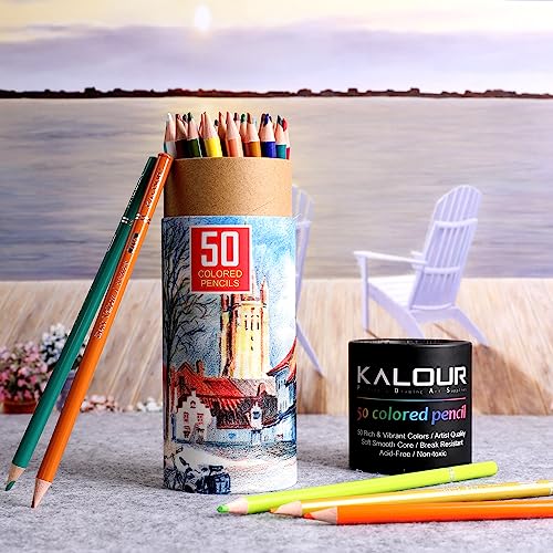 Image of KALOUR Premium Colored Pencils,Set of 50 Colors,Artists Soft Core with Vibrant Color,Ideal for Layering Blending Shading,Color Pencils for Adults Beginners Coloring Book
