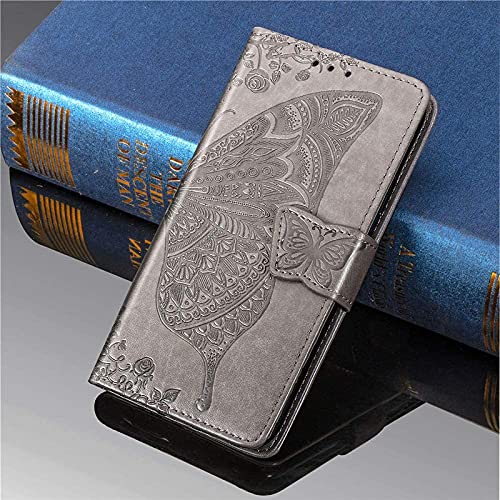 Image of ClickCase Butterfly Series for iPhone 15 Plus Leather Embossing Wallet Flip Case Kick Stand Magnetic Closure Flip Cover for iPhone 15 Plus (Grey)