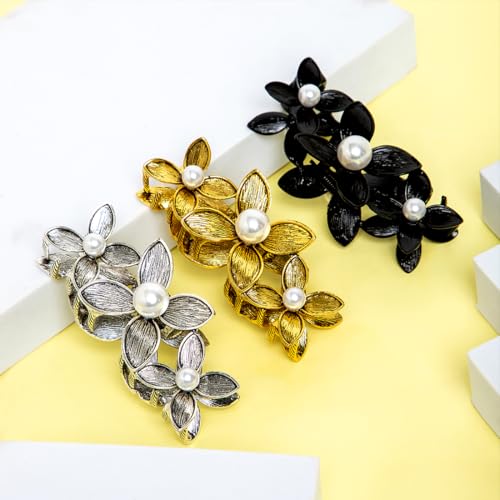 Image of Radhu & Kabby Antique Golden Floral Hair Claw Clip for women | Pearl Embellished | Elegant Strong Hold Hair Accessory for Wedding, Party & Festive Styling | Pack of 1