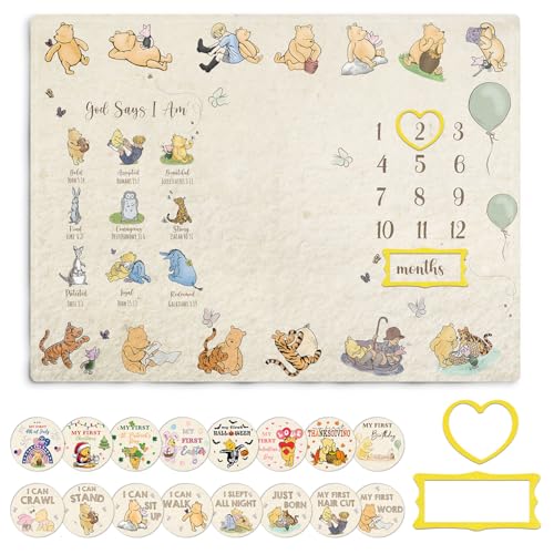 Image of Winnie Baby Milestone Blanket, God Says I am Bold Milestone Blanket, Winnie Newborn Month Blankets for Baby, with Double-Sided Printed Cardstock（16 Unforgettable Moments of Babies）
