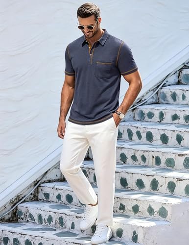 Image of Mens Polo Shirts Short Sleeve Casual Summer Lightweight Cotton Golf Polo Shirts with Pocket
