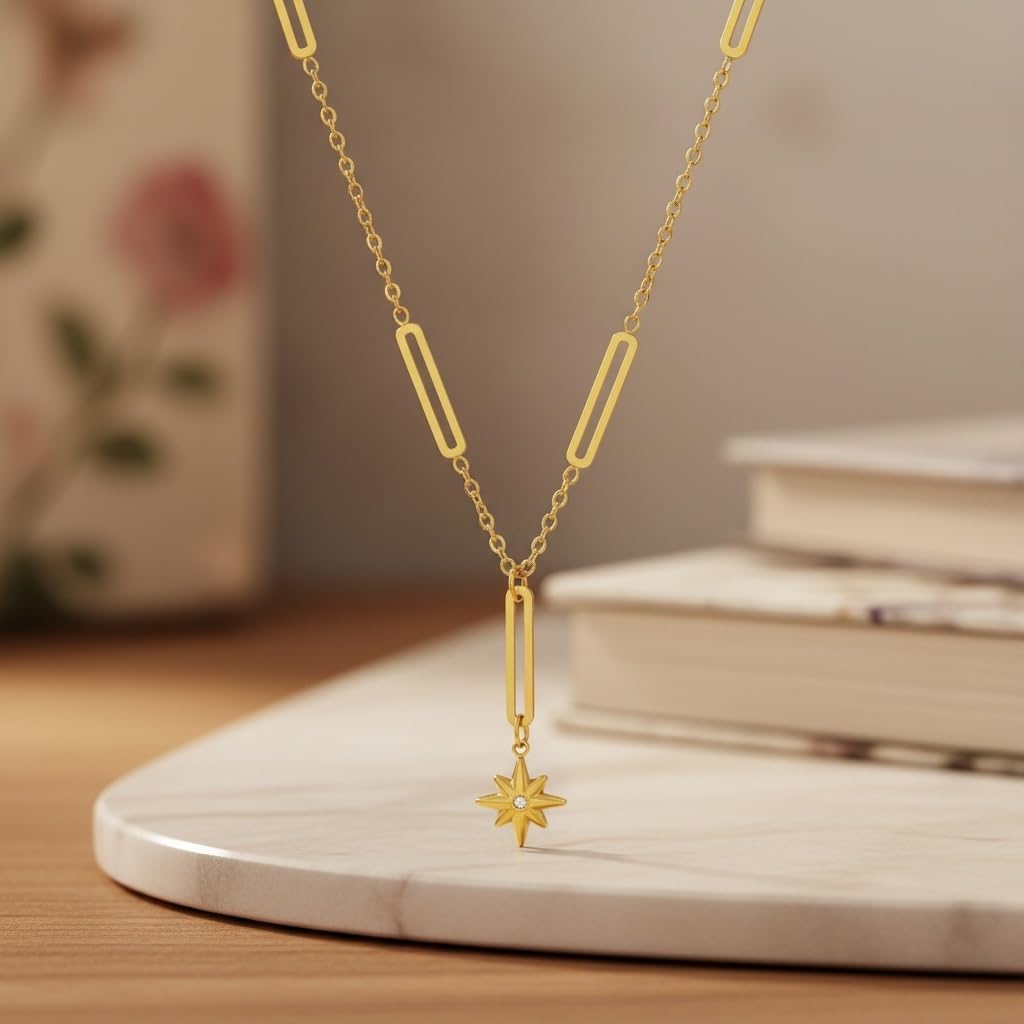 Elegant Gold Star Y Pendant Necklace, 18K Gold Plated over Stainless Steel Chain with Crystal Starburst Charm, Fashion Jewelry for Women, 16.5-Inch Chain with a 2-Inch Extension, Tarnish Resistant
